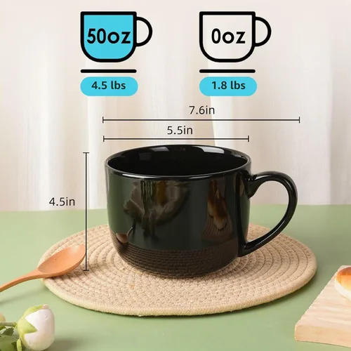 Vista 2 de 50oz gran taza de sopa de cerámica con asas para café, té, helado, cereal (negro)