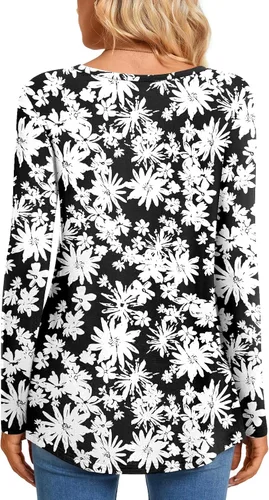 Vista 4 de CATHY Blusa tipo túnica de manga larga para mujer, cuello en V, con botones, informal, plisada, básica