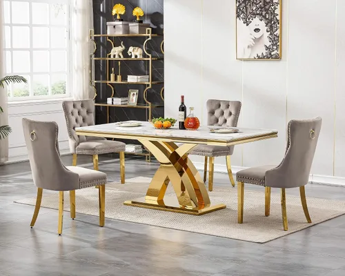 Vista 21 de Henf Mesa de comedor de mármol sintético de 68 pulgadas para 4-6 personas, mesa rectangular moderna con parte superior de mármol blanco y base