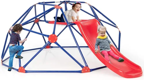 Vista 10 de Olakids Cúpula de escalada con tobogán, para niños al aire libre, gimnasio, cúpula geométrica, marco de acero, estructura de escalada de 8 pies