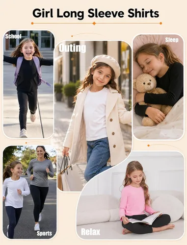 Vista 2 de TELALEO Paquete de 4 camisetas de manga larga para niñas, camisetas