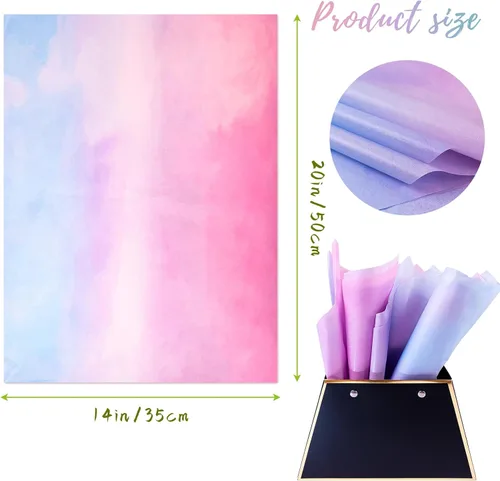 Vista 2 de HolyMaji 100 hojas de papel de seda degradado rosa, morado, azul, a granel, 20 x 14 pulgadas, hojas de papel de seda arcoíris pastel para Navidad