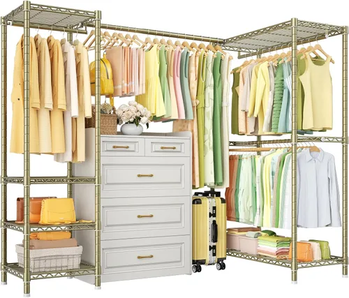 Vista 12 de ULIFHOME E10L - Perchero en forma de L para esquina (con barra de suspensión expandible), resistente y independiente para colgar ropa, perchero