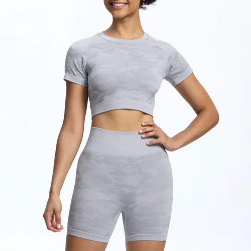Vista 2 de Aoxjox Traje de yoga para mujer, sin costuras, 2 piezas, entrenamiento, gimnasio, adaptado, pantalones cortos de cintura alta con brasier deportivo