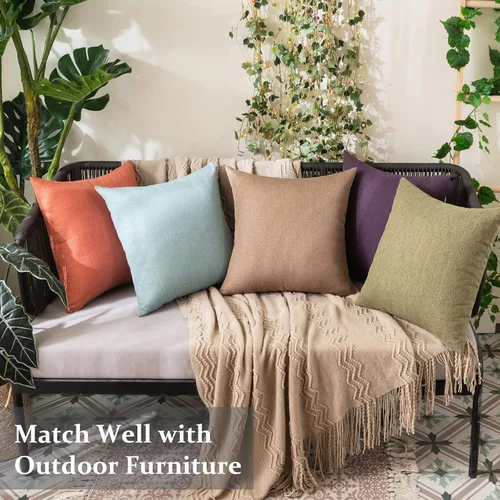 Vista 2 de MIULEE Paquete de 2 fundas de almohada decorativas para exteriores, impermeables, sólidas, de lino sintético, para jardín, granja, patio, tienda