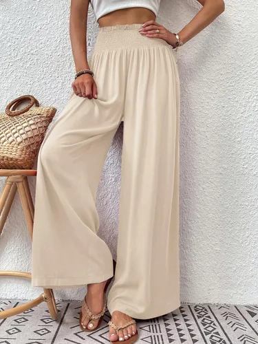 Vista 4 de Febriajuce Pantalones de cintura alta y pierna ancha para mujer, cintura elástica fruncida, pantalones holgados con bolsillos
