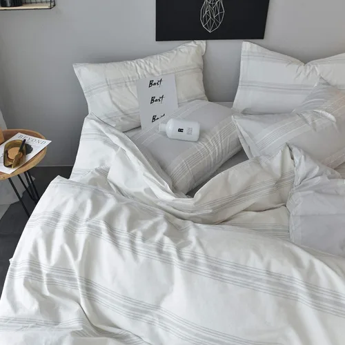 Vista 5 de Juego de funda de edredón tamaño individual, 100% algodón, estampado a rayas blanco/gris claro, ropa de cama de 3 piezas con cierre de cremallera