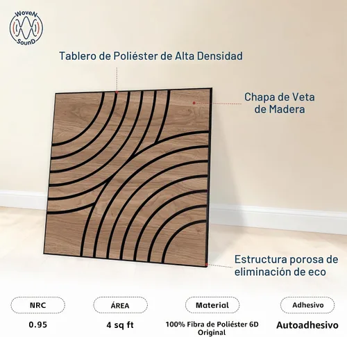 Vista 3 de WoveN SounD Paneles de pared acústicos, teca, paquete de 8, 23.6 x 23.6 pulgadas