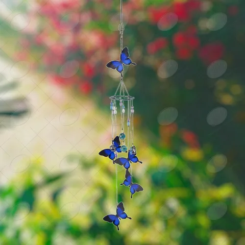 Vista 5 de Red Carpet Studios Windchimes - Campanilla de viento móvil en espiral de mariposa, 30 pulgadas de largo, color azul