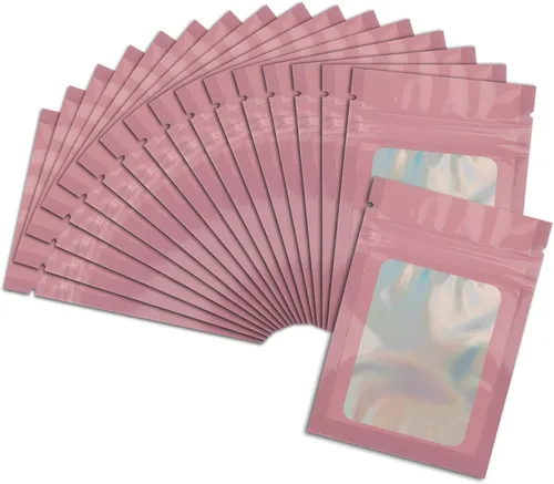 Vista 9 de 50 bolsas de Mylar negras de 2.7 x 3.9 pulgadas con ventana transparente, bolsa holográfica resellable para almacenamiento de alimentos, joyas
