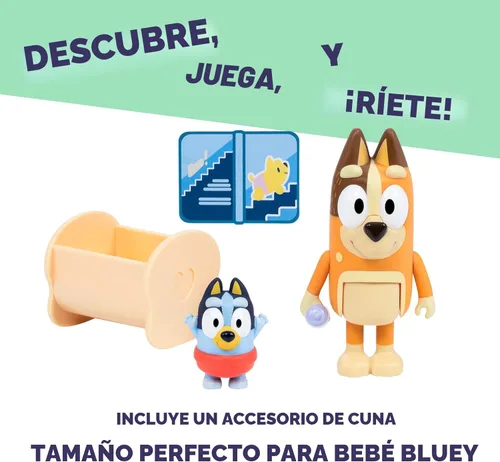 Vista 3 de Paquete de 2 figuras articuladas de juguete de carreras de Bluey Baby, juguetes de personajes con Chilli y bebé en cuna accesorio, figuras de acción