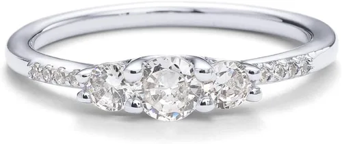 Vista 3 de PAVOI Anillo redondo de 3 piedras con circonita cúbica chapada en oro de 14 quilates, anillo de compromiso para mujeres y ella