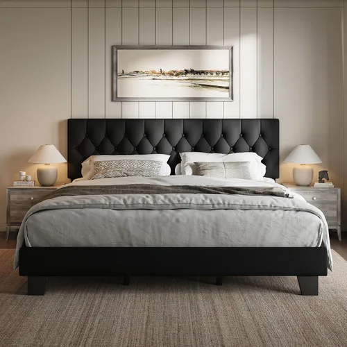 Vista 14 de iPormis Marco de cama tapizada de tamaño completo con cabecera capitoné con botones, plataforma de lino con patas de soporte engrosadas, sin