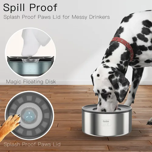 Vista 4 de Cuenco de agua antiderrames para perros, de acero inoxidable de doble pared con tapa a prueba de salpicaduras y disco flotante, base antideslizante