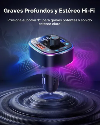Vista 2 de LENCENT Adaptador de coche Bluetooth 5.4 Transmisor FM 54W Carga rápida