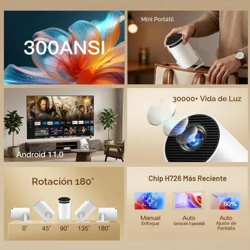 Vista 3 de Mini proyector con Wifi y Bluetooth, soporte 4K con Android 11 blanco-1