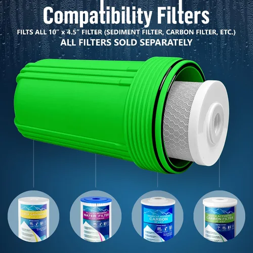 Vista 6 de Sistema purificador de filtro para toda la casa de 10 x 4.5 pulgadas de alta capacidad para agua de pozos o ciudades, botón de alivio de Verde
