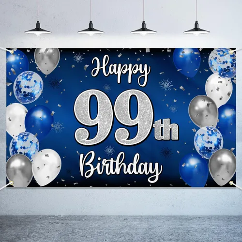 Vista 26 de Decoración de feliz cumpleaños número 100, globo azul y plateado grande cartel de fondo de cumpleaños de 100 años - Suministros para fiesta