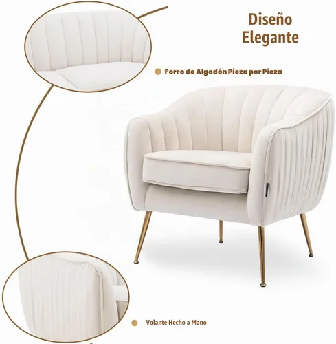 Vista 4 de Silla de Acento de Terciopelo, Silla Moderna de Barril, Sillas con Brazos para Sala de Estar y Dormitorio, Acabado Dorado, Beige