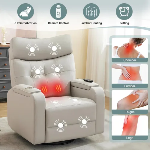 Vista 5 de Rocker - Silla reclinable para cuarto de bebé, mecedora giratoria con calor y masaje, para sala de estar, color gris claro Cuero Gris Claro