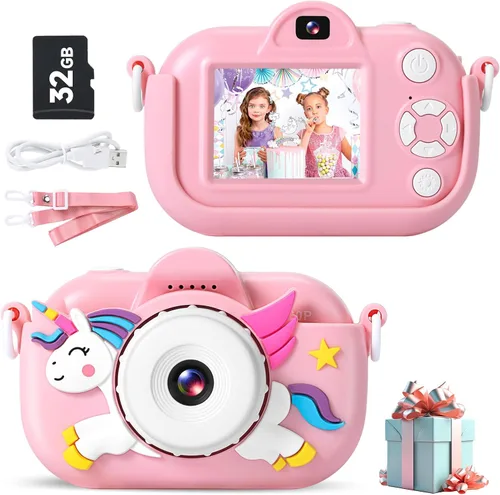 Vista 7 de MAVOKIS Cámara digital para niños de 3 a 8 años, cámara 1080P para niños con tarjeta SD de 32 GB, juguetes para niñas de 6 a 9 años, regalos de Rosa