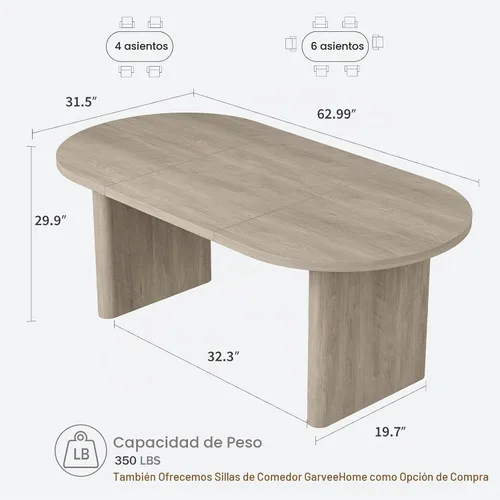 Vista 2 de GarveeHome 63" Long Oval Dining Table with Wooden Base for 4-6 People