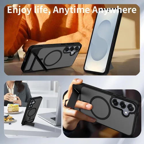 Vista 6 de Funda magnética para Samsung Galaxy S25+ Plus / S24+ Plus, soporte invisible integrado, compatible con MagSafe, translúcida a prueba de golpes Negro