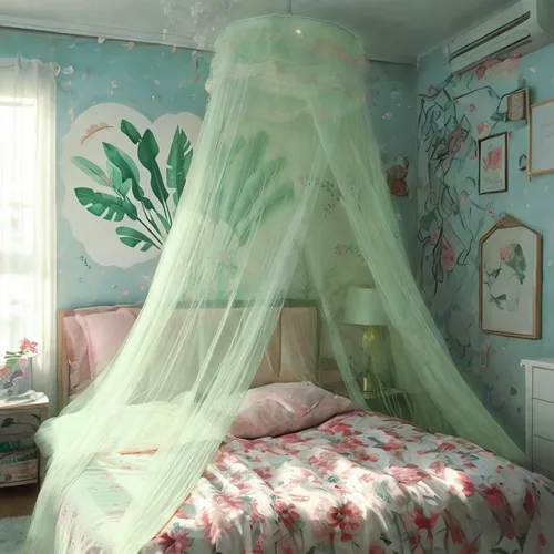 Vista 8 de Dosel de Cama de Encaje Mosquitera con Luces Cálidas, Dosel de Cama de Princesa para Decoración de Habitación de Niñas, Azul/Una Entrada Luces