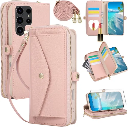 Vista 28 de Asuwish Funda de teléfono para Samsung Galaxy S23 5G con cremallera, funda para celular con protector de pantalla, correa para el hombro, espejo