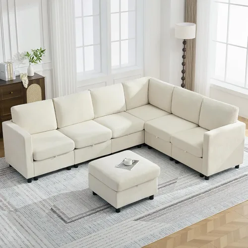 Vista 32 de WUTUTUEE Sofá biplaza modular de 58 pulgadas, sofá biplaza moderno de 2 plazas con almacenamiento, sofá modular de felpilla para sala de estar, Beige