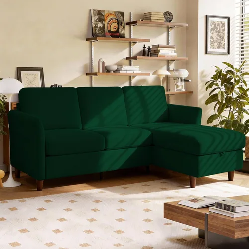 Vista 16 de Valthie - Sofá seccional convertible, sofá de terciopelo en forma de L con chaise reversible y almacenamiento, sofá de 3 plazas con bolsillo lateral