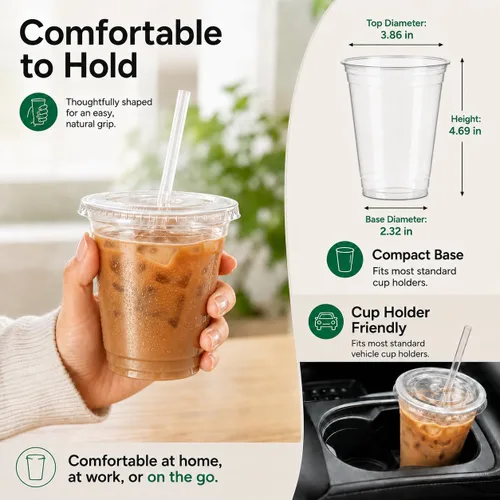 Vista 2 de Paquete de 100 tazas de café helado de 16 onzas de agarre cómodo con tapas y popotes – Vasos desechables de plástico transparente de 16 onzas