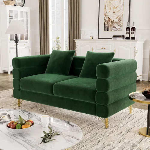 Vista 8 de OUYESSIR Sofá Cloud para sala de estar, cómodo sofá biplaza de terciopelo de 59 pulgadas con 2 almohadas y patas doradas, moderno asiento de dos