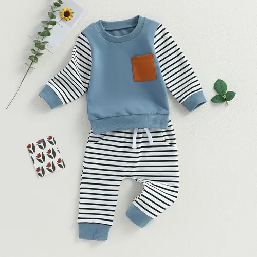 Vista 3 de Traje de invierno para bebé, sudadera de manga larga a rayas, sin botones, pantalones deportivos, ropa de otoño para bebé