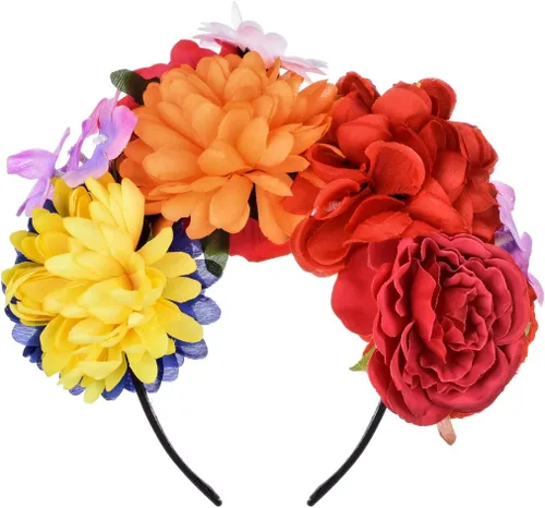 Vista 32 de DreamLily Frida Kahlo NC26 - Diadema con corona de rosas mexicanas para disfraz de fiesta de Halloween
