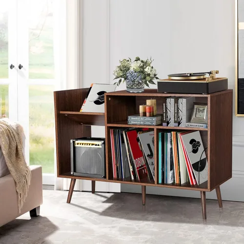 Vista 4 de Mid-Century - Moderno soporte para tocadiscos, mesa de almacenamiento de discos de vinilo con patas de madera, soporte para tocadiscos, soporte