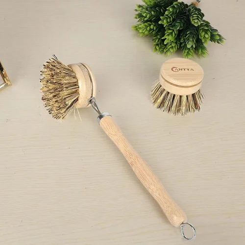 Vista 4 de Limpiador de platos de bambú con mango – Cepillo de cerdas duras de cerdas naturales, cepillo de cocina sostenible y biodegradable para platos