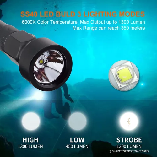 Vista 2 de ND22 - Linterna compacta de buceo, 1300 lúmenes, luz de buceo 8° Narrow Focused Beam, 3 Lighting Modes, 4 Hours Runtime, IP68 Waterproof, for