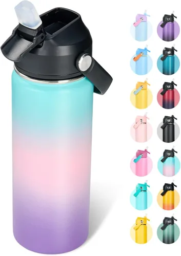 Vista 38 de Fijinhom Botella de agua aislada de acero inoxidable de 18 oz, de boca ancha, de doble pared, con vacío, con pajita de silicona, a prueba de sudor