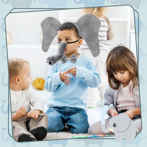 Vista 7 de Baaxxango 4 piezas de disfraz de elefante para niños, diadema de orejas de elefante, corbata de moño y cola, accesorios de disfraz de elefante