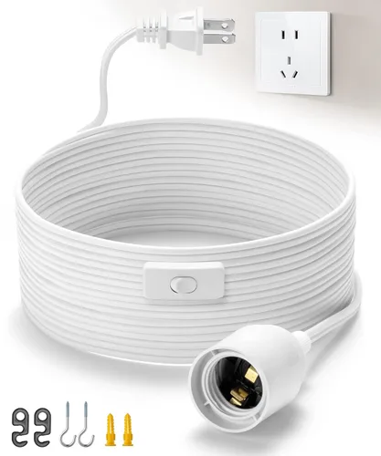 Vista 11 de Cable de luz colgante de extensión de 12 pies con portalámparas, cable de luz colgante con base E26, interruptor de encendido/apagado, enchufe Negro
