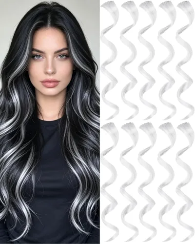 Vista 20 de 10 extensiones de cabello sintético rizado y ondulado negro con clip, reflejos de fiesta de neón arcoíris, accesorios de cabello coloridos