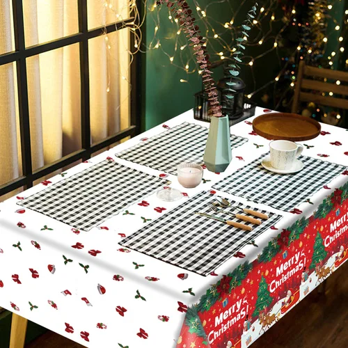 Vista 7 de Paquete de 4 manteles de Navidad para fiesta de Navidad, decoración de fiesta de Navidad, cubierta de mesa de Navidad con árbol de Navidad y copo