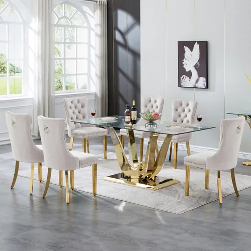 Vista 12 de Moderno juego de mesa de comedor de cristal de 5 piezas para 4, 70 pulgadas rectangular con 4 sillas copetudas de terciopelo beige, juego de mesa