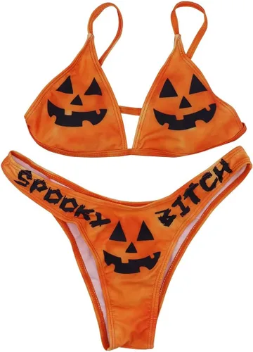 Vista 7 de AIBEARTY Traje de baño de dos piezas con estampado de calaveras para mujer, conjunto de bikini triangular de corte alto para fiesta, festival Negro