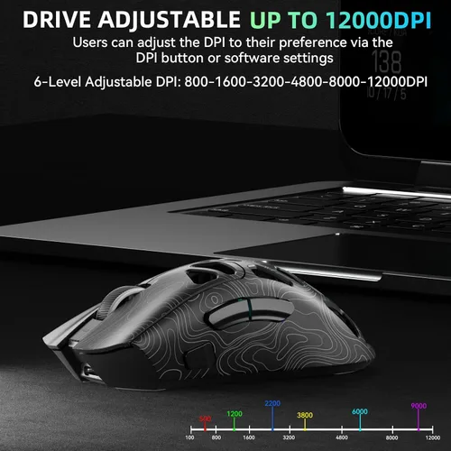 Vista 4 de Aula SC620 - Ratón inalámbrico para juegos, triple modo de 2.4 GHz/USB-C/BT5.3 con 12000 DPI, mouse macro gamer programable con llave de fuego