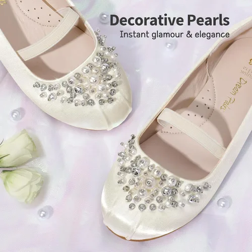 Vista 4 de DREAM PAIRS Zapatos de ballet planos con flores para niñas, Mary Jane, zapatos planos de bailarina para vestido de diariobodafiesta