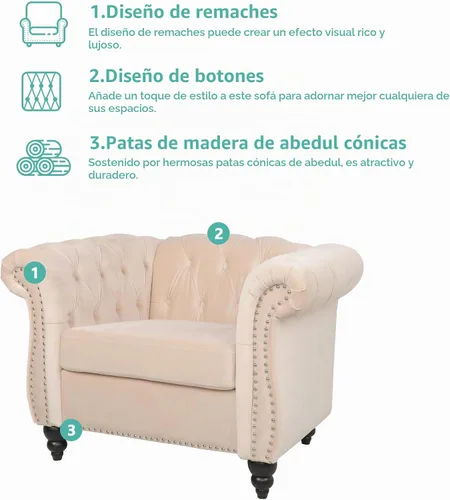 Vista 3 de QHITTY Silla decorativa, silla Chesterfield moderna tapizada de terciopelo con respaldo copetudo para muebles de sala de estar (beige)