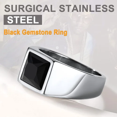 Vista 3 de U7 Anillo de joyería de moda de ónix negroazul para hombres y mujeres, anillos de sello cuadrado de acero inoxidable para papá y padre, anillos