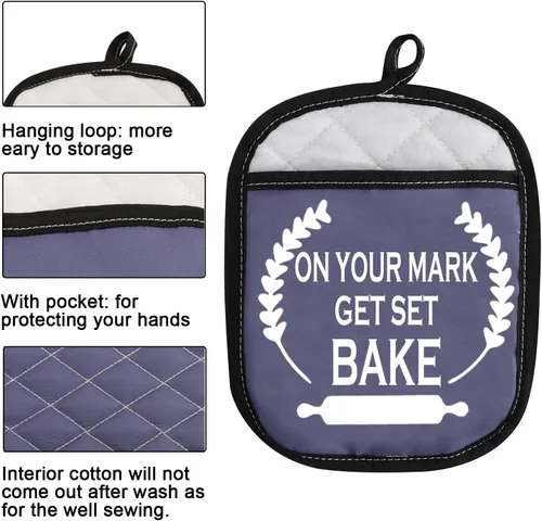 Vista 3 de WCGXKO Almohadillas para horno inspiradas en Baking Show, soporte para olla con bolsillo en ti Mark Get Set Bake (Get Set Bake bl)